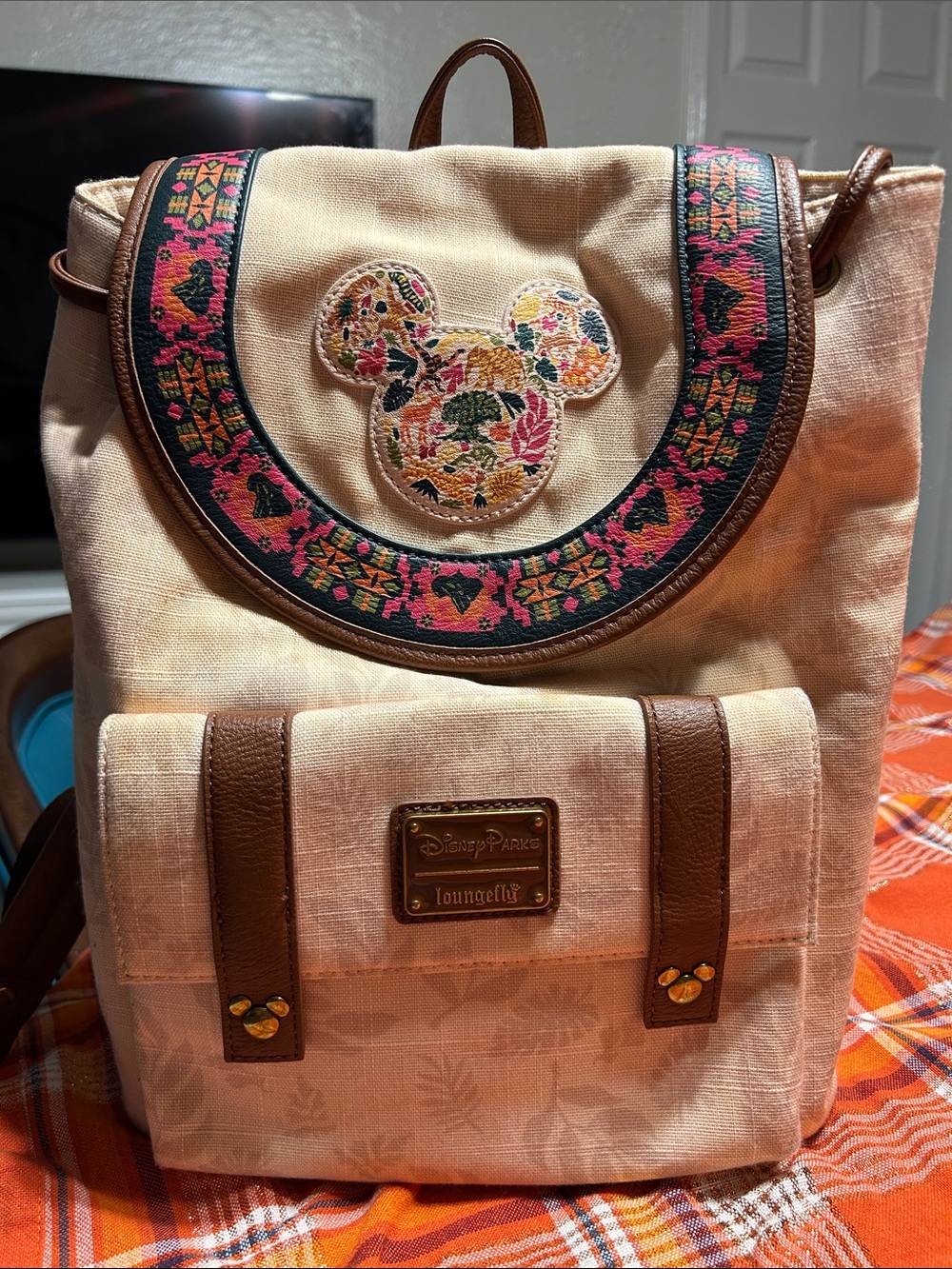 Disney Cream Canvas Backpack with Pink Floral Embroidered Mickey